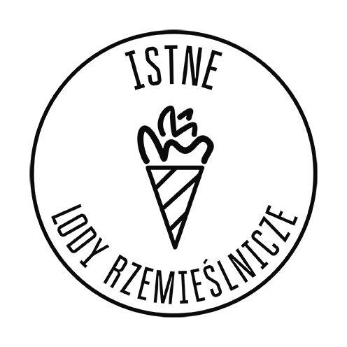Logo lodziarni Istne. Wewnątrz okręgu znajduje się stylizowany rysunek rożka z lodami. Nad nim napis 'ISTNE', a poniżej łukiem tekst 'LODY RZEMIEŚLNICZE'. Logo jest czarno-białe i ma minimalistyczny styl